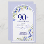 バジェットホワイトブルーフローラ90th誕生日招待状 (正面/裏面)