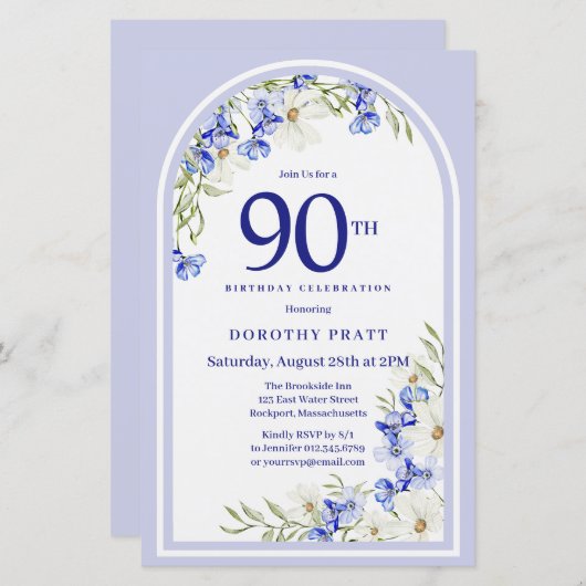 バジェットホワイトブルーフローラ90th誕生日招待状 (正面/裏面)