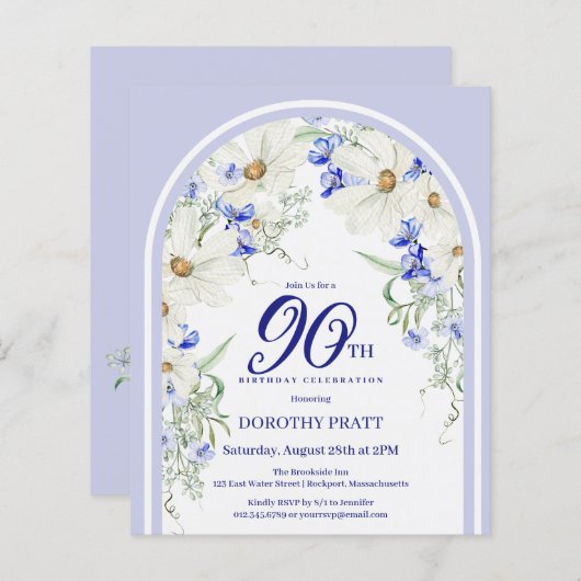 バジェットホワイトブルーフローラ90th誕生日招待状 (正面/裏面)