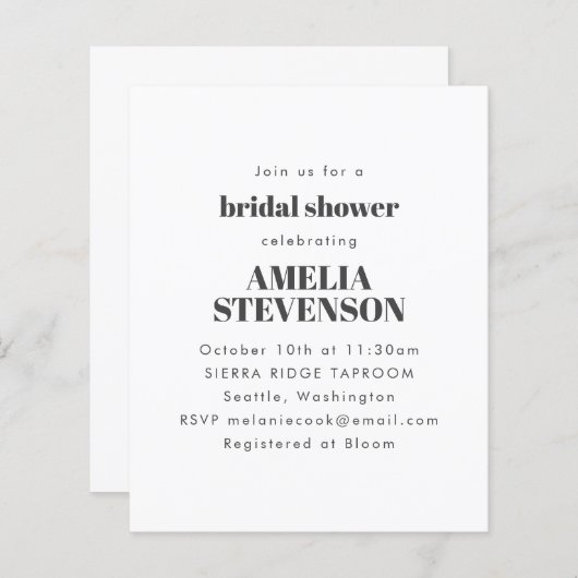 バジェットホワイトミニマリストのブライダルシャワー招待状 (正面/裏面)
