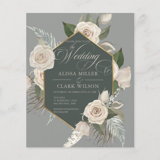 バジェットホワイトローズエメラルド金ゴールド結婚式招待状 (正面)