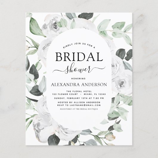 バジェットホワイトローズブライダルシャワーフローラ招待状 (正面)