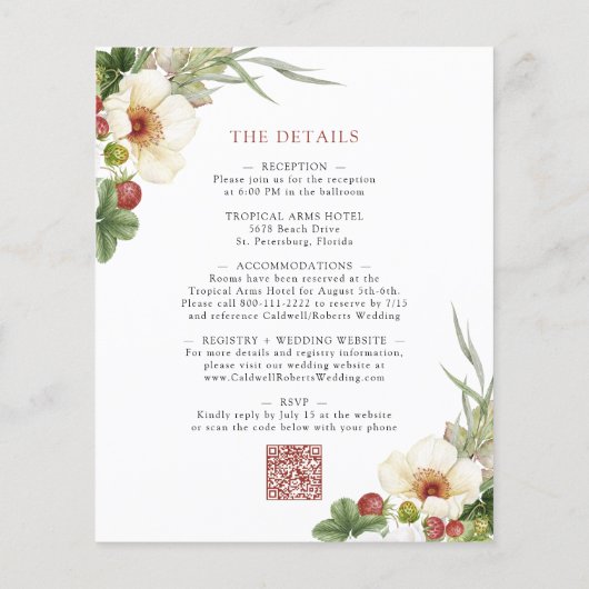 バジェットホワイトローズワイルドストロベリーウェディング招待 (裏面)