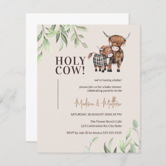 バジェットホーリーカウグリーン素朴リーベビーシャワー招待状 (正面/裏面)