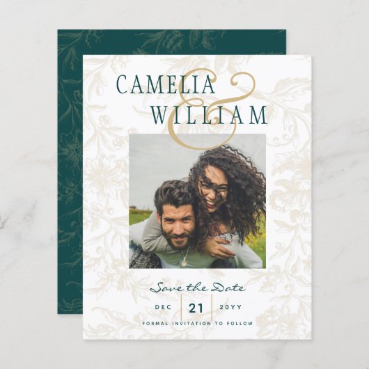 バジェットボタニカルティール(緑がかった色)金ゴールド結婚式の日付を保存 (正面/裏面)