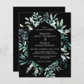 バジェットボタニカルリーフ結婚ズブラック招待状 (正面/裏面)