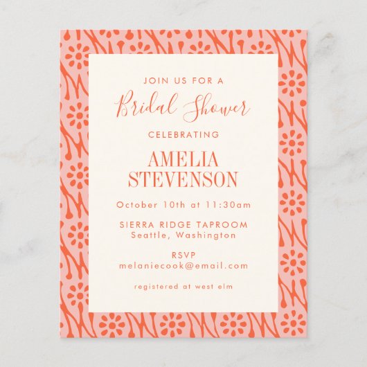 バジェットボホコーラルボタニカルブライダルシャワー招待状 (正面)