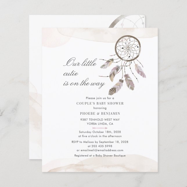 バジェットボホシックカップルベビーシャワー招待状 (正面/裏面)