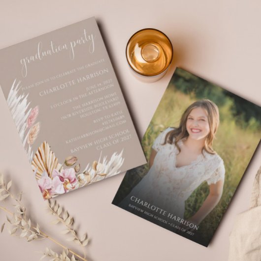 バジェットボホシックフローラ写真卒業パーティー 招待状