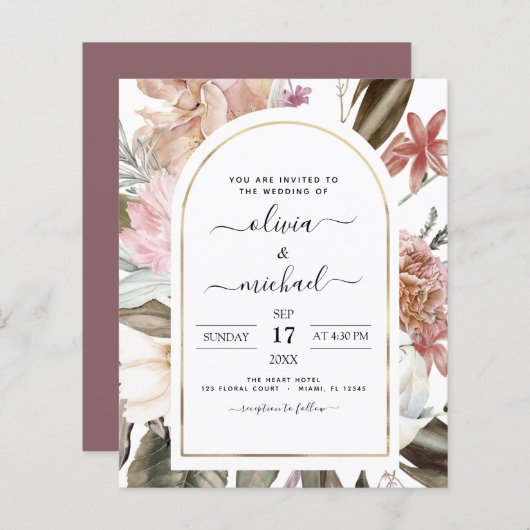 バジェットボホダスティピンクブルゴーニュ結婚式招待状 (正面/裏面)