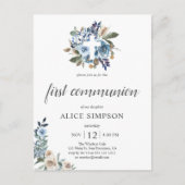 バジェットボホダスティブルーフラワーファースト聖餐式 インビテーションポストカード (正面)