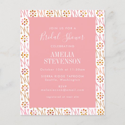 バジェットボホフローラバラピンクブライダルシャワー招待状 (正面)