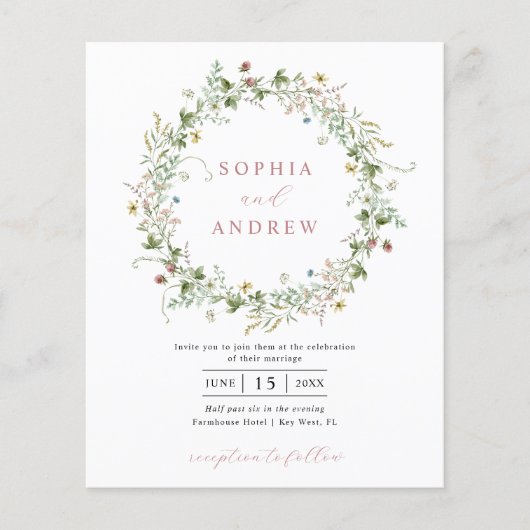 バジェットボホワイルドフラワー素朴ズ結婚式招待状 (正面)