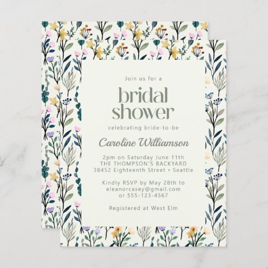 バジェットボホーウォーターカラーワイルドフラワーブライダルシャワー (正面/裏面)