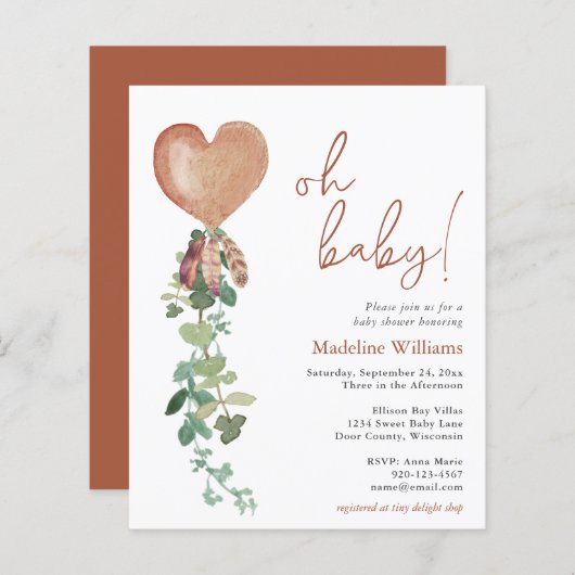 バジェットボホーバルーングリーンリーベビーシャワー招待状 (正面/裏面)