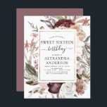 バジェットボホーブルガンディースウィート16誕生日招待状<br><div class="desc">バジェットBoho Dusty Pink and Burgundyフローラ植物緑の水色と金フォイル幾何学模様のフレームの春または夏のSweet sixteen誕生日パーティーのお祝いの招待状フェイク – 特別な甘い16誕生日パーティーのための植物花と緑と美しくスクリプトのタイポグラフィを含むエレガント。</div>