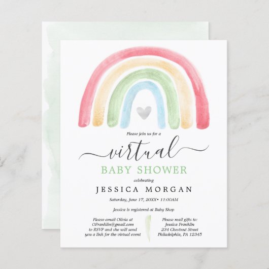 バジェットボホーレインボーバーチャルベビーシャワー招待状 (正面/裏面)