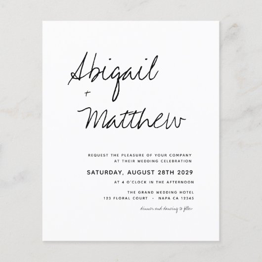 バジェットボホ白黒モダン結婚式招待状 (正面)