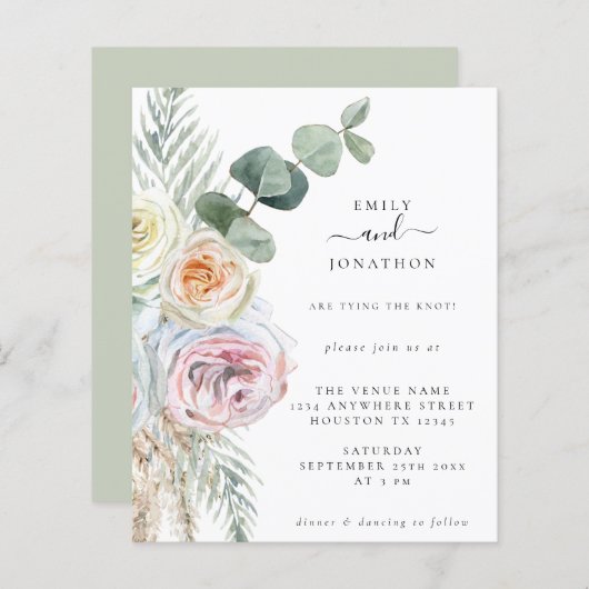 バジェットボホ花模様ユーカリ結婚式招待状 (正面/裏面)