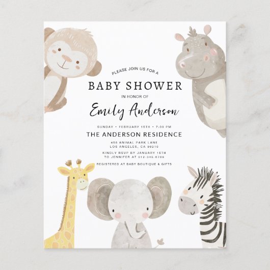 バジェットボーイズサファリアニマルズベビーシャワー招待状 チラシ (正面)