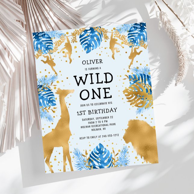 バジェットボーイズ1stバースデーブルー金ゴールドサファリ招待状 (クリエイターアップロード済み)