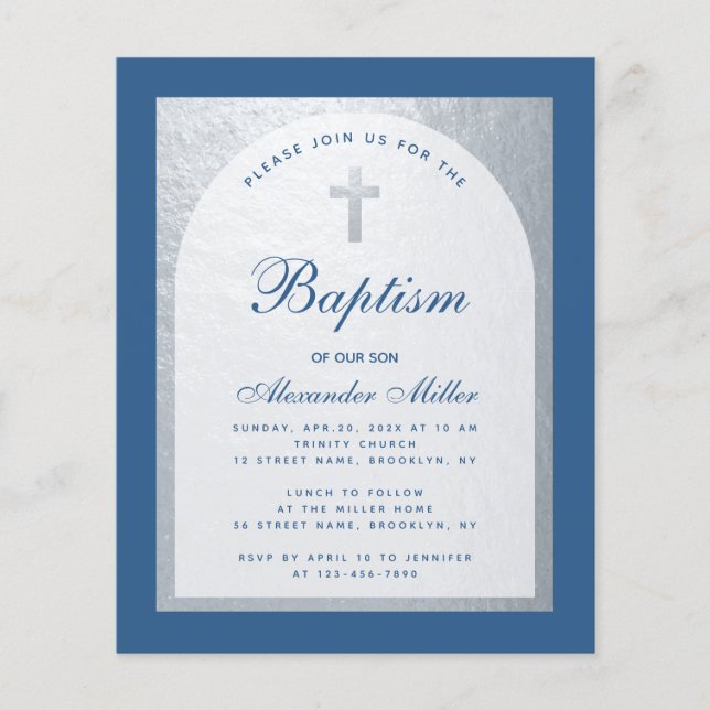 バジェットボーイバプティスシルバークラシック招待状ブルー (正面)