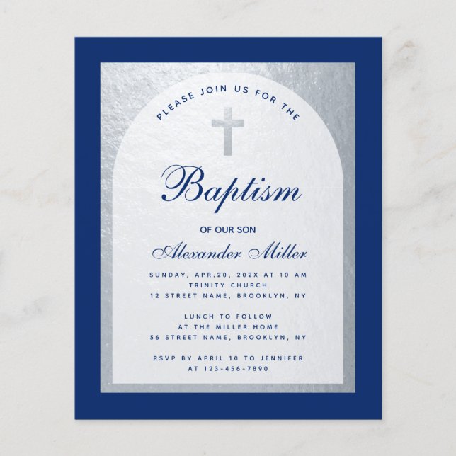 バジェットボーイバプティスブルー王室のシルバー招待状 (正面)