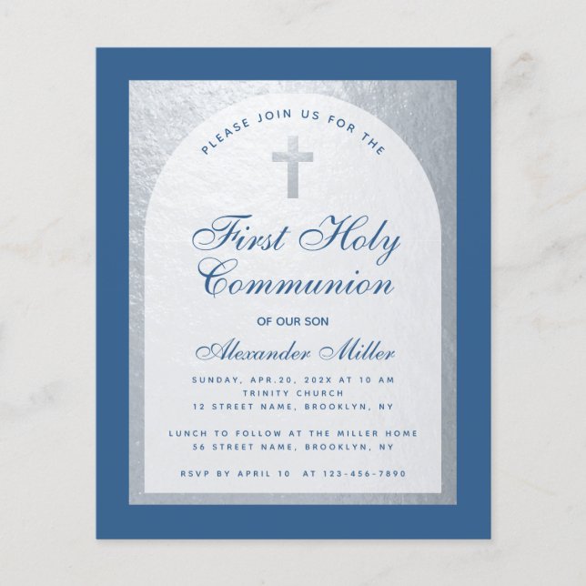 バジェットボーイファーストコミューオンブルーシルバー招待状 (正面)