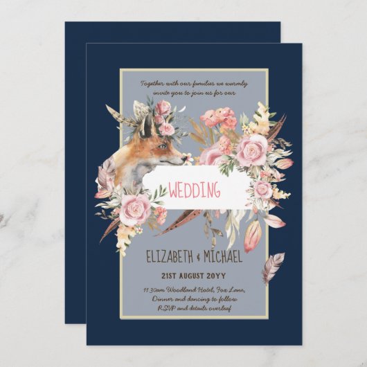 バジェットボーホーウッドランドキツネ結婚フローラモダン 招待状 (正面/裏面)
