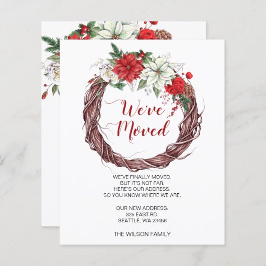 バジェットポインセチアリース引っ越しましたホリデーカード (正面/裏面)
