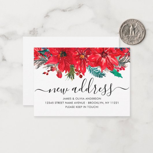 バジェットポインセチア新しい住所ホリディムービングカード ノートカード (正面/裏面インサイチュ)