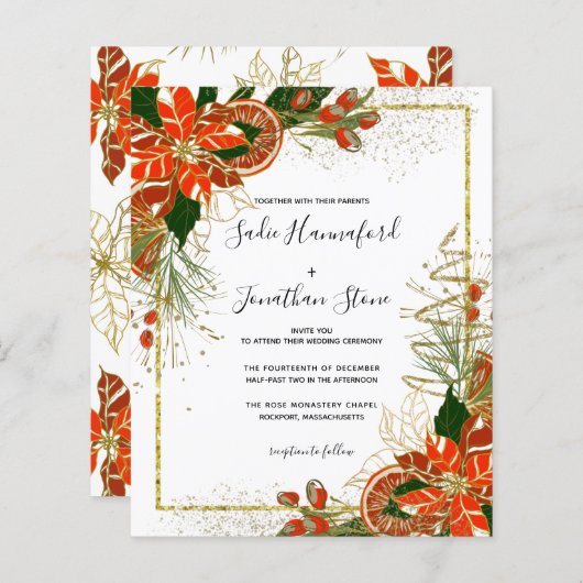 バジェットポインセチア金ゴールド結婚式招待状 (正面/裏面)