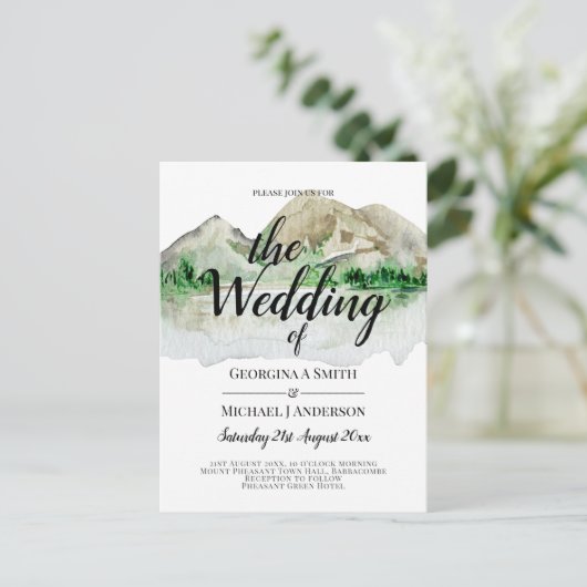 バジェットマウンテンレイクウォーターカラー結婚式招待状 ポストカード (スタンド正面)