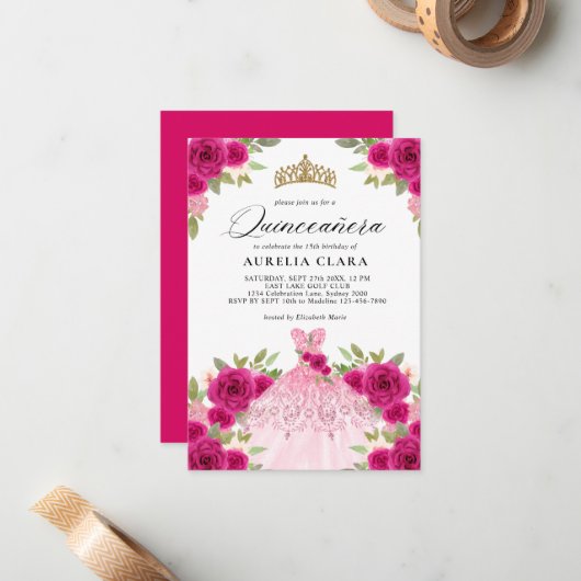 バジェットマゼンタピンクドレスフローラ15thキンセアニラ ノートカード (正面/裏面インサイチュ)