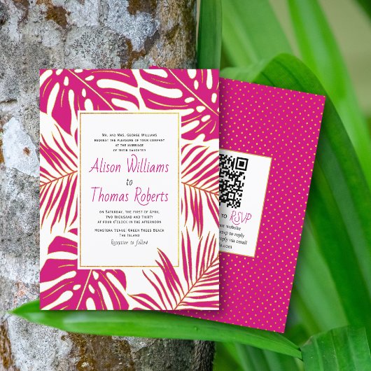 バジェットマゼンタ熱帯葉結婚式招待状