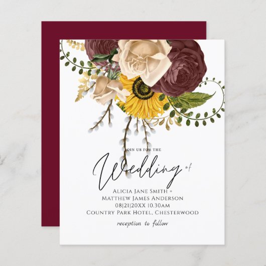 バジェットマルサラバラひまわり花結婚式の招待 (正面/裏面)