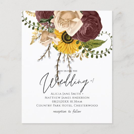 バジェットマルサラバラひまわり花結婚式の招待 (正面)