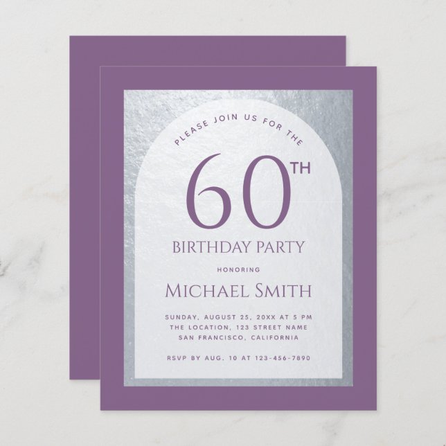 バジェットマン誕生日ダスティパープルシルバー招待状 (正面/裏面)