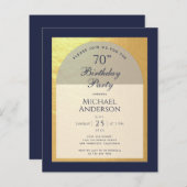バジェットマン70th誕生日ネイビーブルー金ゴールド招待状 (正面/裏面)