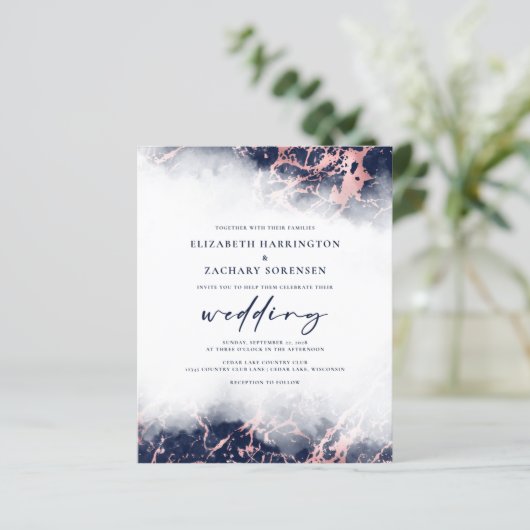 バジェットマーブルネイビーブルーバラ金ゴールド結婚式の招待 (スタンド正面)