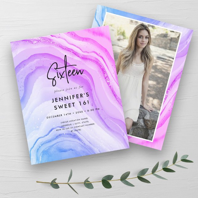 バジェットマーメイドグラデーション大理石の写真スウィート16招待状 (Budget Mermaid Ombre Marble Photo Sweet 16 Invite)