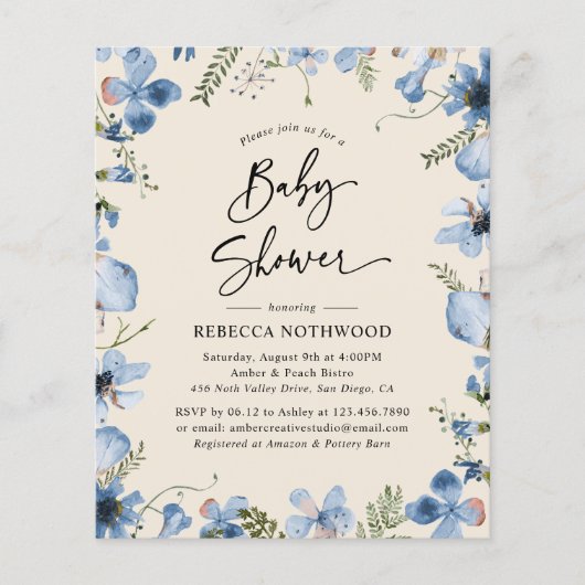 バジェットミニマリストスカイブルーベビーシャワー招待状 (正面)
