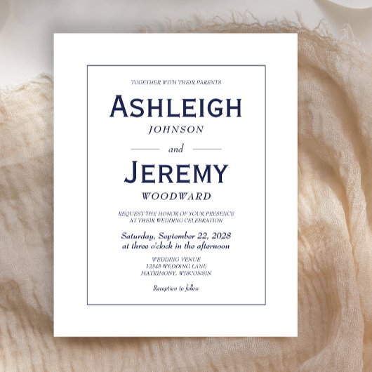 バジェットミニマリストネイビーブルー結婚式招待状