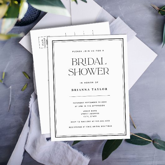 バジェットミニマリストブラック&ホワイトブライダルシャワー インビテーションポストカード