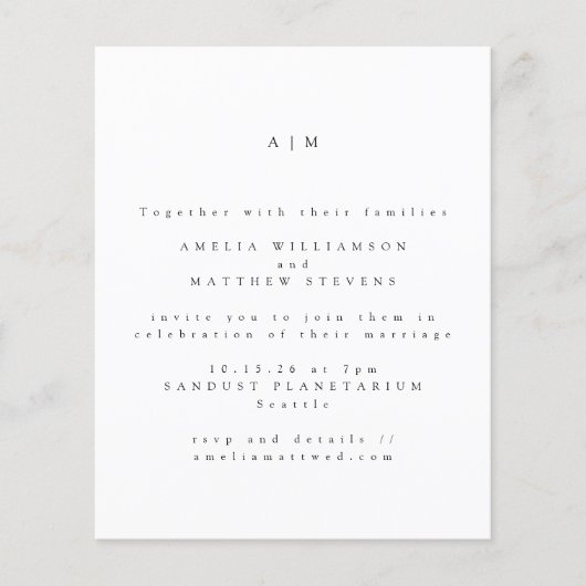 バジェットミニマリストモノグラムシック結婚式招待状 (正面)