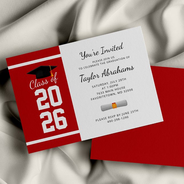 バジェットミニマリストレッドホワイト卒業招待状 (Graduation 2024 Red White Script Party Invitation)