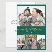 バジェットミニマルグリーン金ゴールド4フォトクリスマスカード (正面/裏面)
