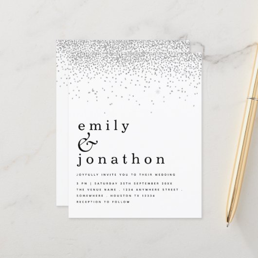 バジェットミニマルシルバーグリッター結婚式招待状 (正面/裏面インサイチュ)