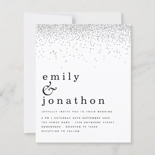 バジェットミニマルシルバーグリッター結婚式招待状 (正面)