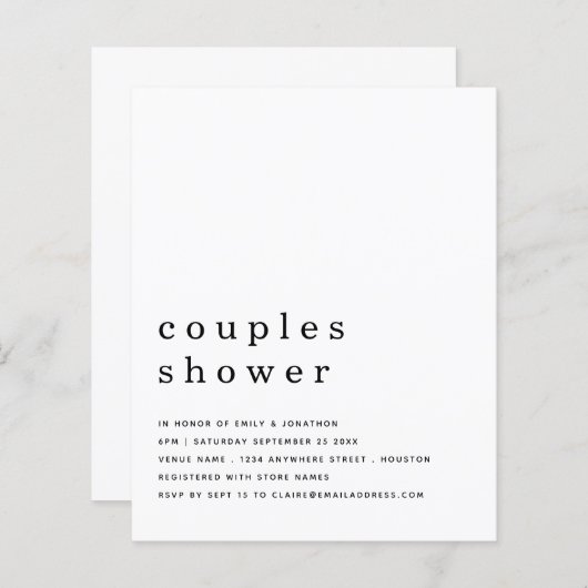 バジェットミニマル文字カップルシャワー招待状 (正面/裏面)